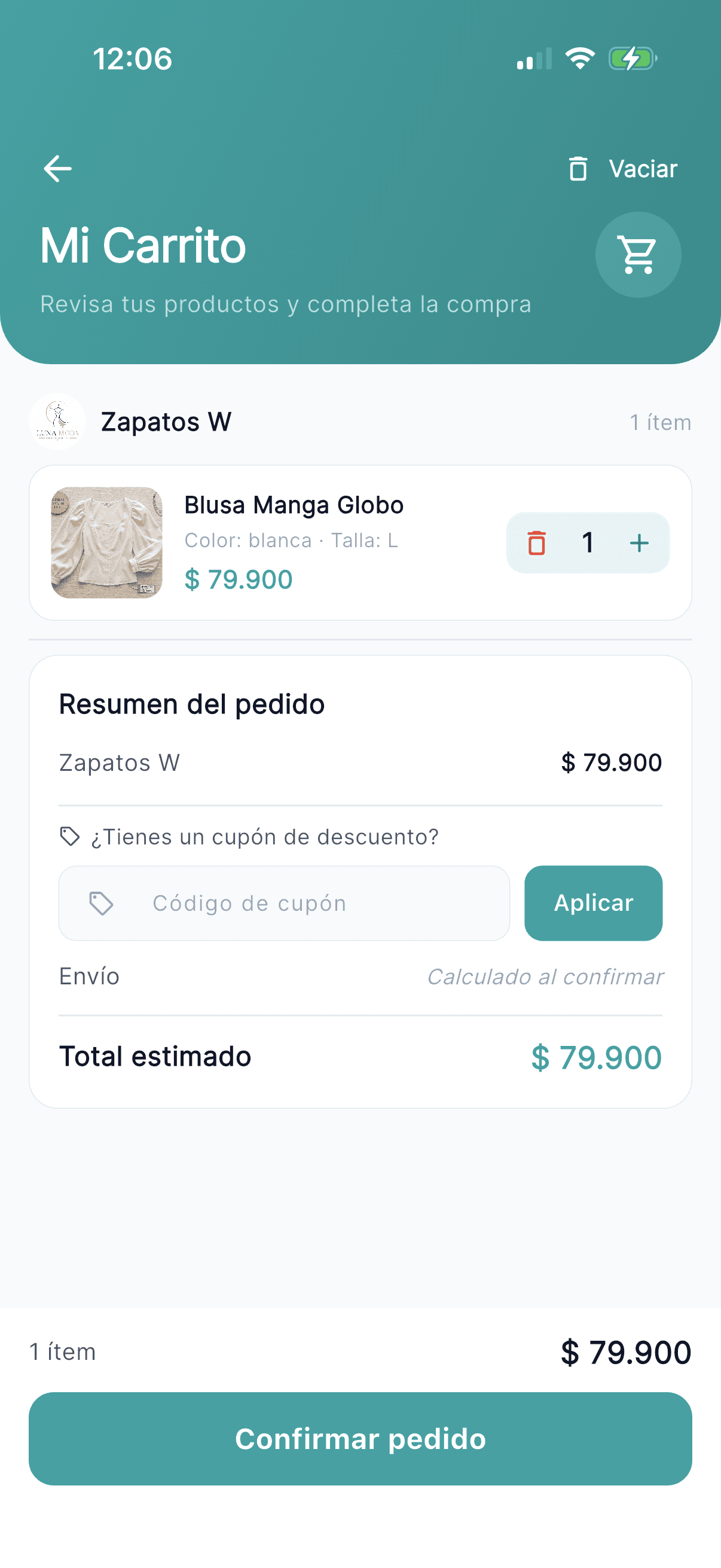 Carrito y resumen de pago dentro de la app