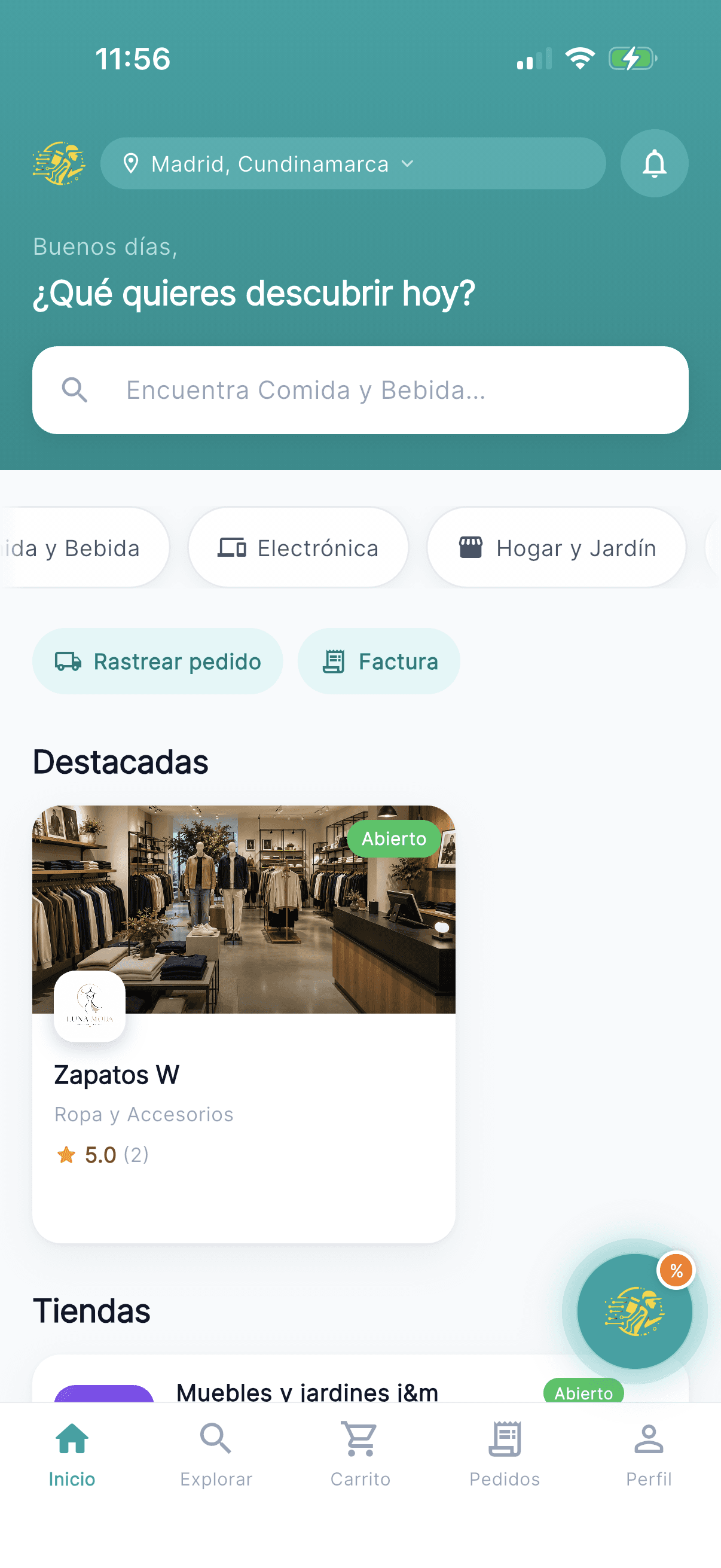 Inicio de la app Bakket con tiendas destacadas cerca de ti