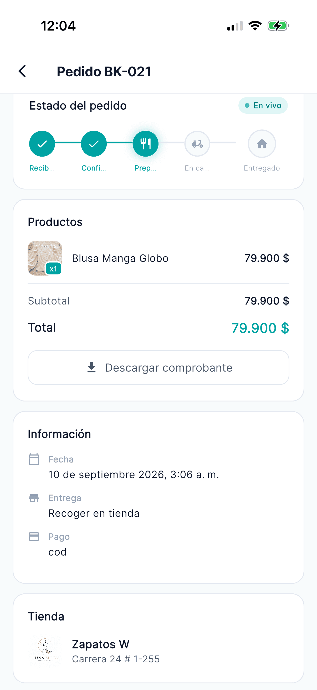 Pedido en preparación listo para recoger en tienda